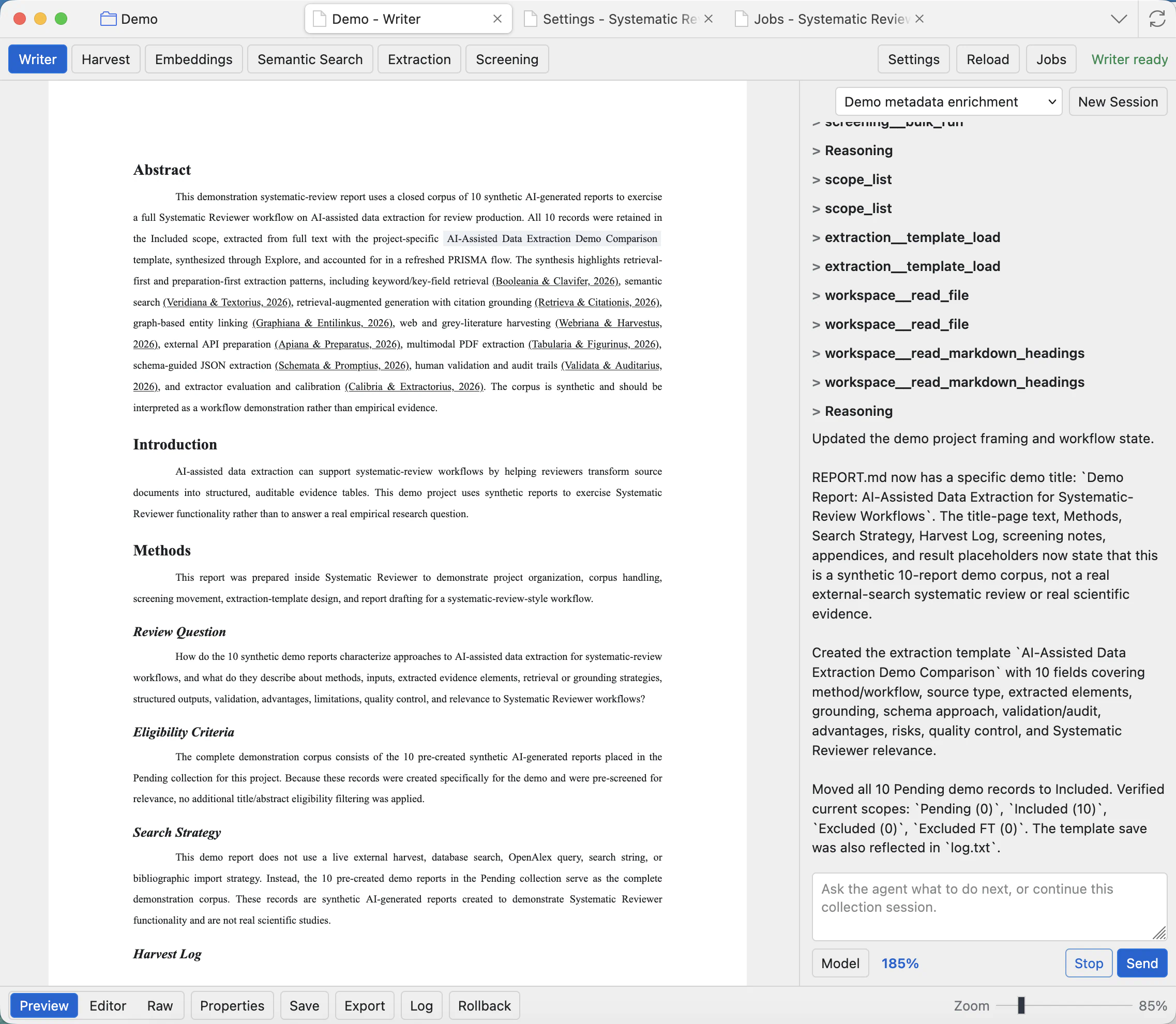 Writer tab showing the report preview, chat panel, mode buttons, export controls, and zoom control.