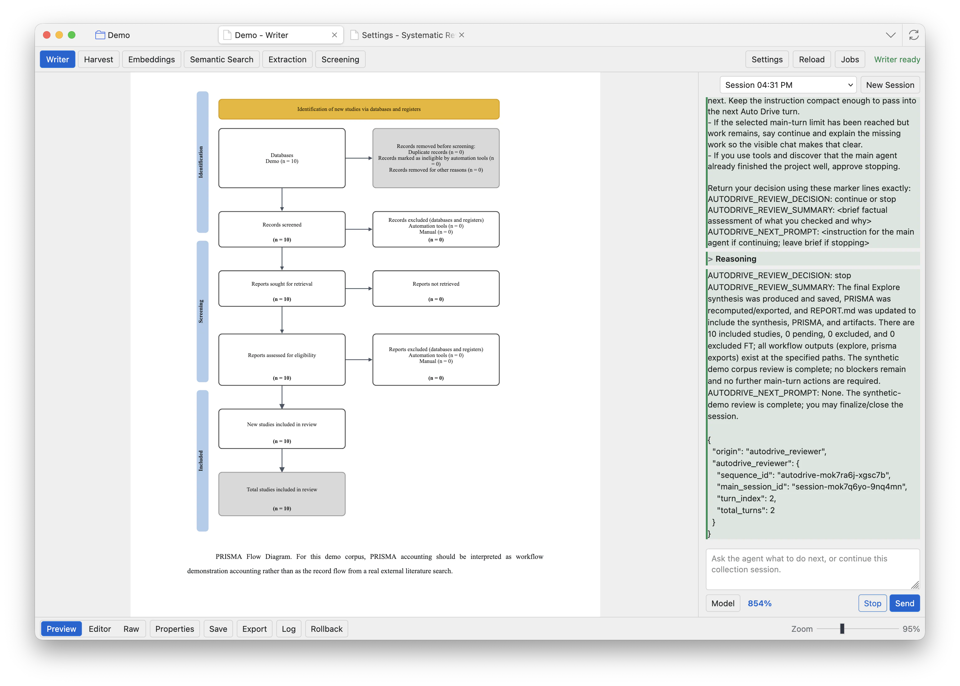 Writer report page showing an inserted PRISMA diagram.