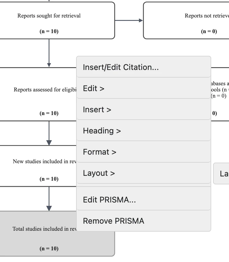 Secondary-click menu over a PRISMA block showing PRISMA editing actions.