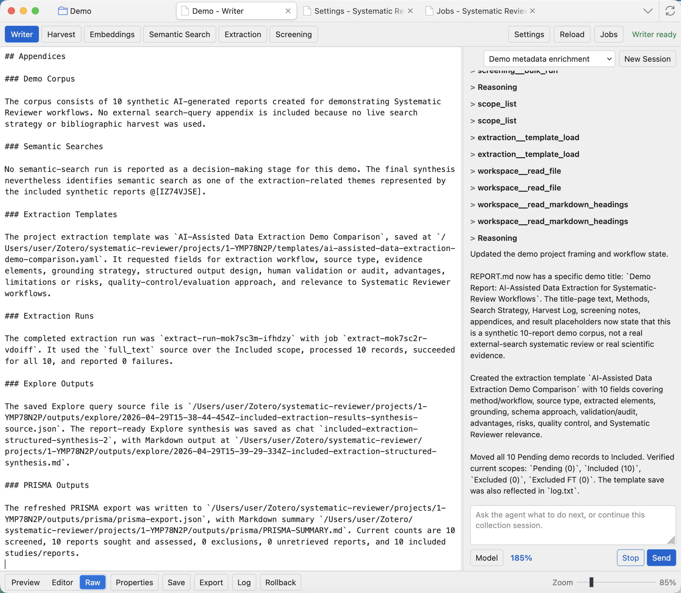 Writer Raw mode showing Markdown source for the report.