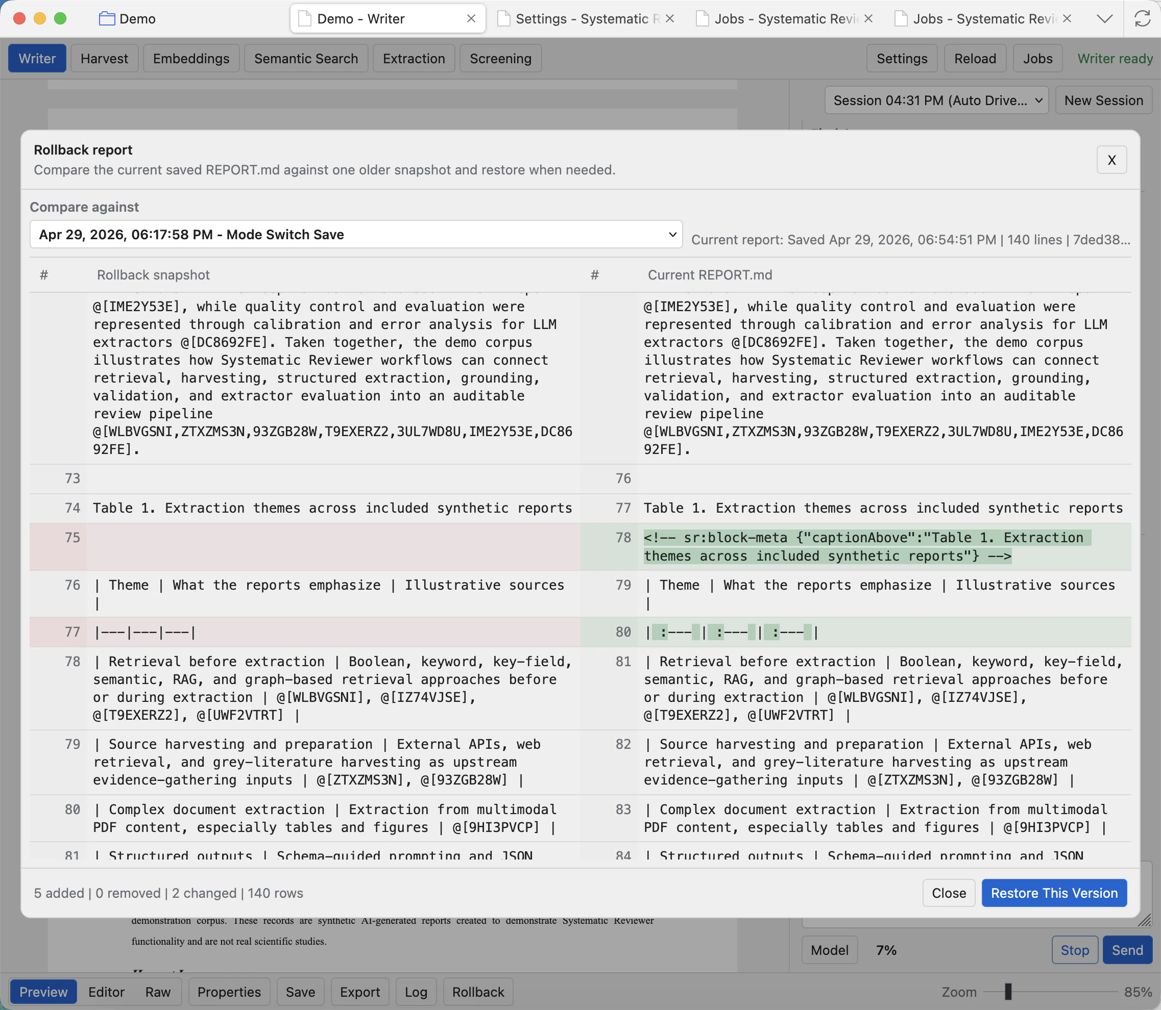 Rollback report modal scrolled to a side-by-side diff with removed and added lines highlighted.