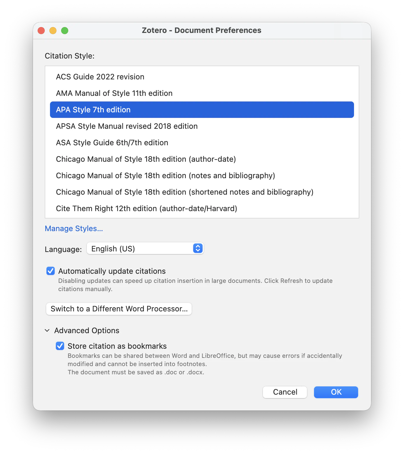 Zotero Document Preferences modal with Advanced Options showing Store citation as bookmarks.